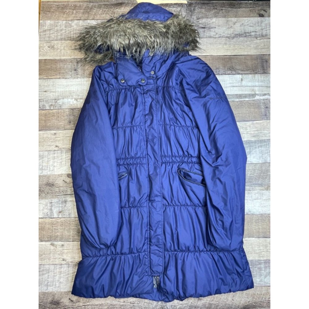 Columbia Women L Thermail Coil Parka Winter Jacket Blue Full Zip Faux Fur Hood